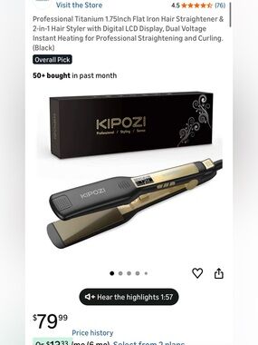 Kipozi Titanium Flat Iron Hair Straightener - Black & Gold